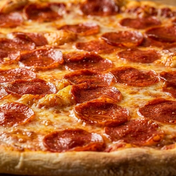 Close-up of a whole pepperoni pizza with melted cheese and a golden crust.
