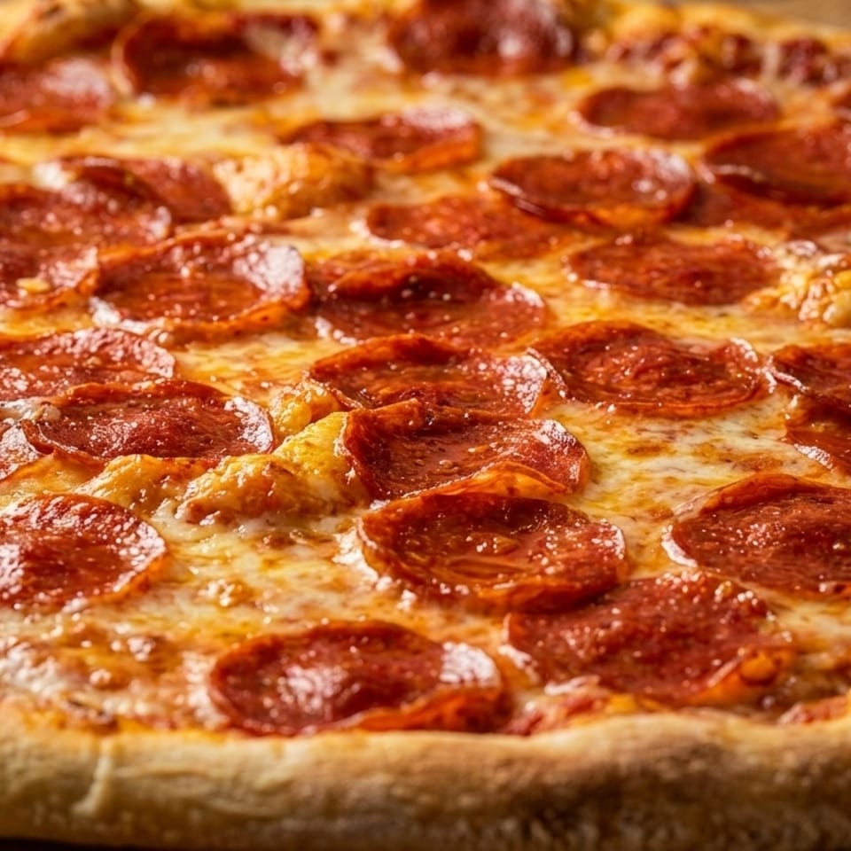 Close-up of a whole pepperoni pizza with melted cheese and a golden crust.