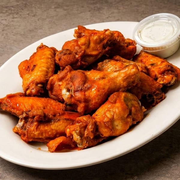 A white oval plate filled with buffalo chicken wings and a side of ranch dressing.