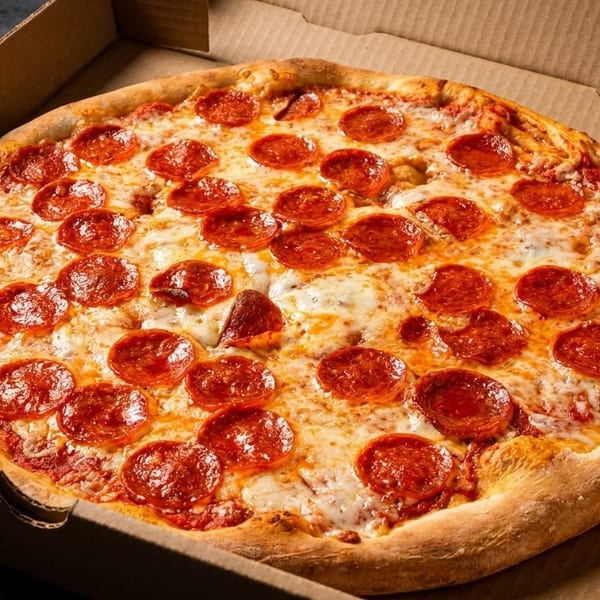 A freshly baked pepperoni pizza with melted cheese and a golden crust sits in a cardboard box.