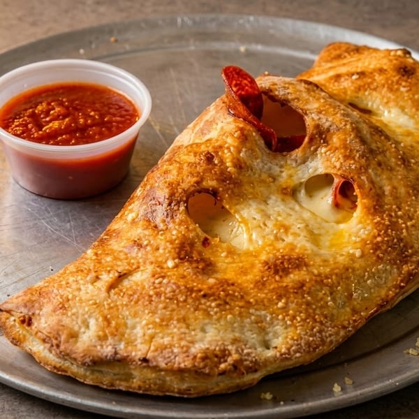 Golden-brown calzone with melted cheese and pepperoni, served with a side of marinara sauce on a metal plate.