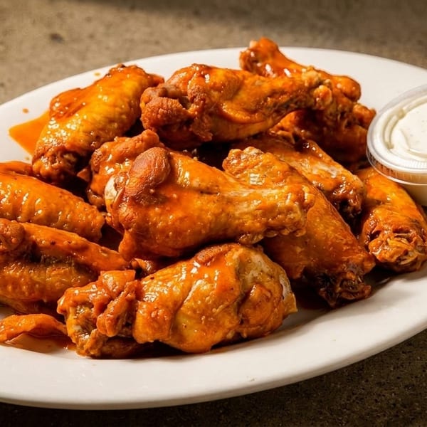A white plate piled high with buffalo chicken wings and a side of ranch dressing.