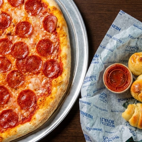 A pepperoni pizza on a metal tray next to a basket of garlic knots with marinara sauce.